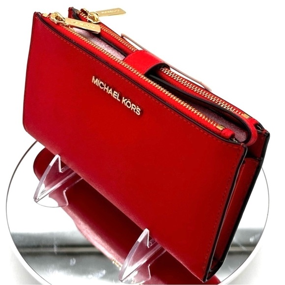 Michael Kors Large Double Zip Wallet Wristlet Red/Gold - Picture 9 of 9